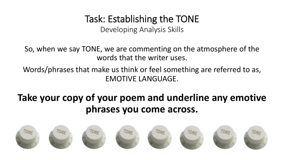 Tone analysis task defining tone and emotive language, then asking students to underline emotive phrases