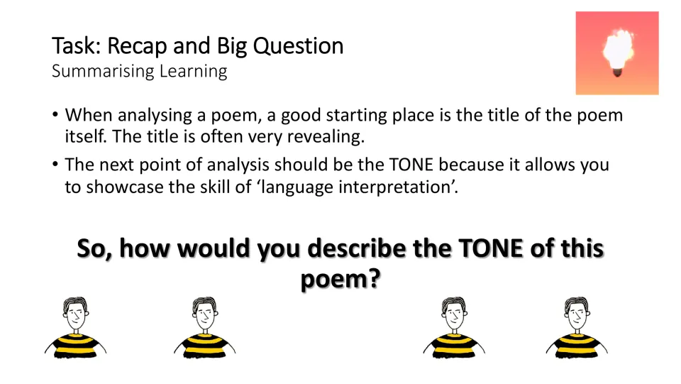 Recap slide reviewing title and tone analysis, then asking students how they would describe the poem’s tone