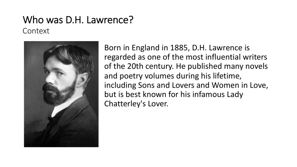 Author context slide introducing D.H. Lawrence’s birth in England in 1885 and naming several of his novels