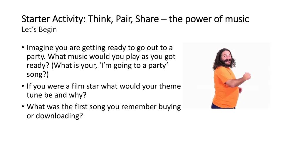 Think, Pair, Share starter asking about party music, a personal theme song, and the first song students bought