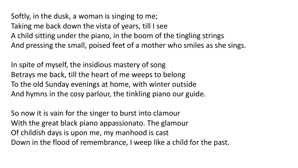 Poem text slide presenting three stanzas about singing, childhood memories, a mother, and longing for the past