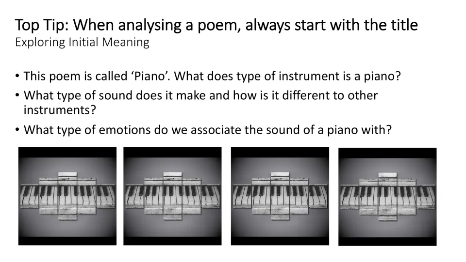 Title-analysis slide asking what kind of instrument a piano is and what sounds and emotions it evokes