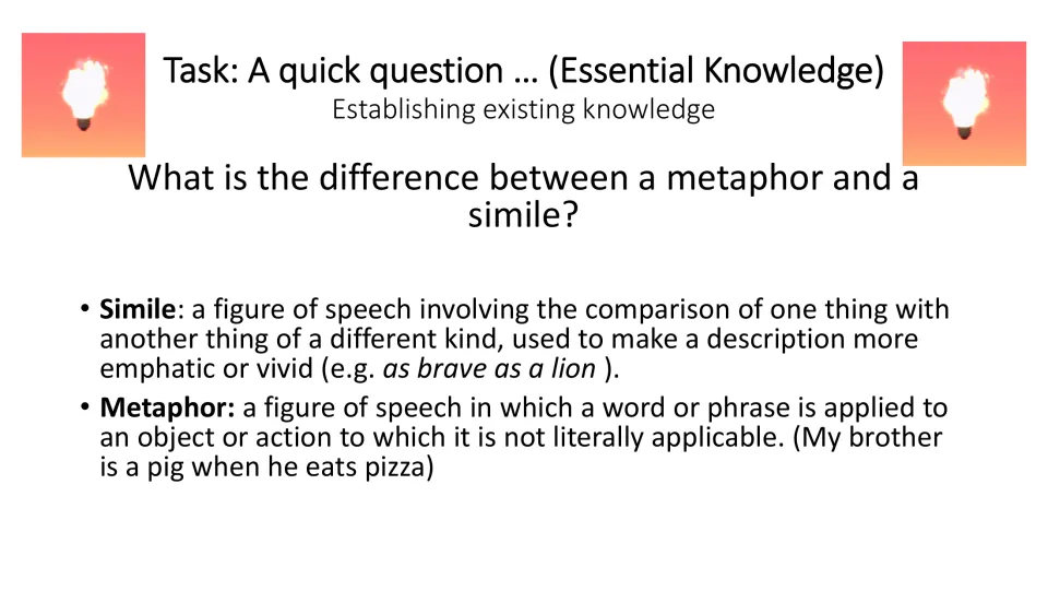 Prior-knowledge check asking how metaphors and similes differ, with definitions and an example of each