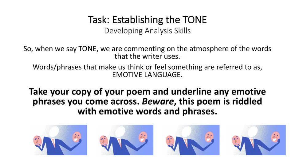 Tone-analysis task explaining emotive language and asking students to underline emotive phrases in the poem