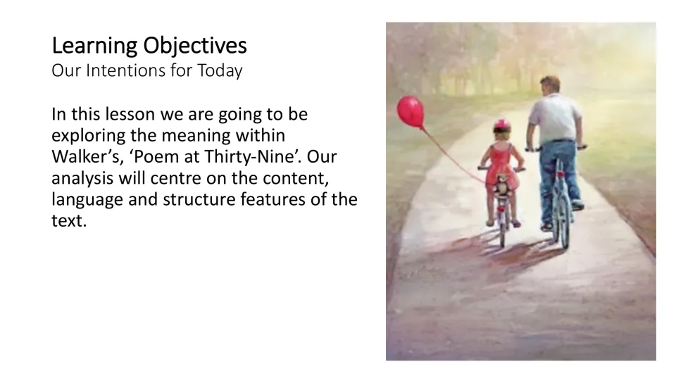 Learning objectives slide introducing analysis of the poem’s meaning, content, language, and structure
