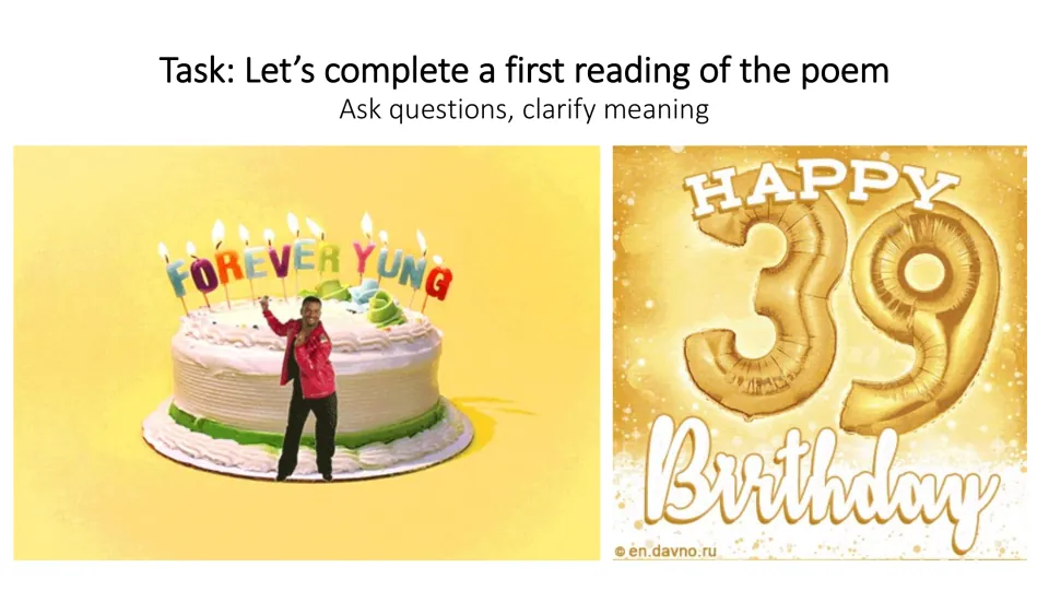 First-reading task slide inviting students to read the poem, ask questions, and clarify its meaning