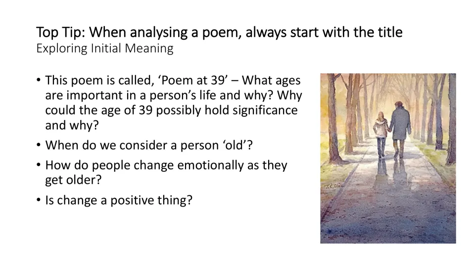Title-analysis prompts asking about significant ages, turning 39, growing older, and emotional change