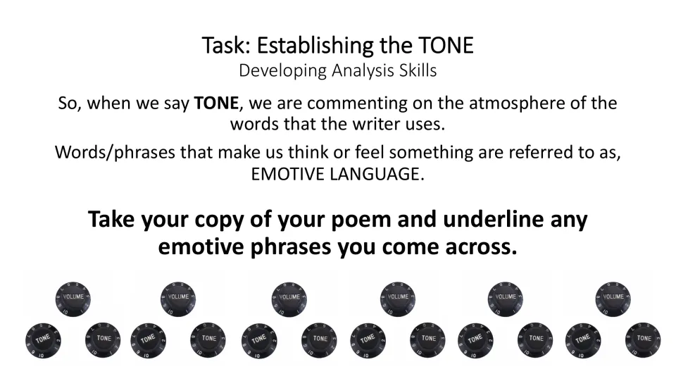Tone-analysis task explaining tone and emotive language, then asking students to underline emotive phrases