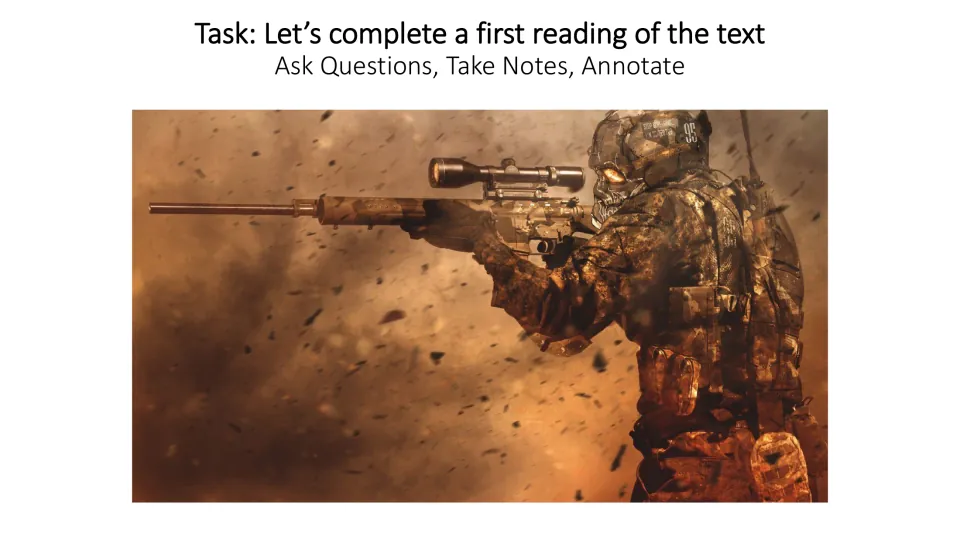First reading of the poem: students ask questions, take notes and annotate the text, with a soldier aiming a rifle