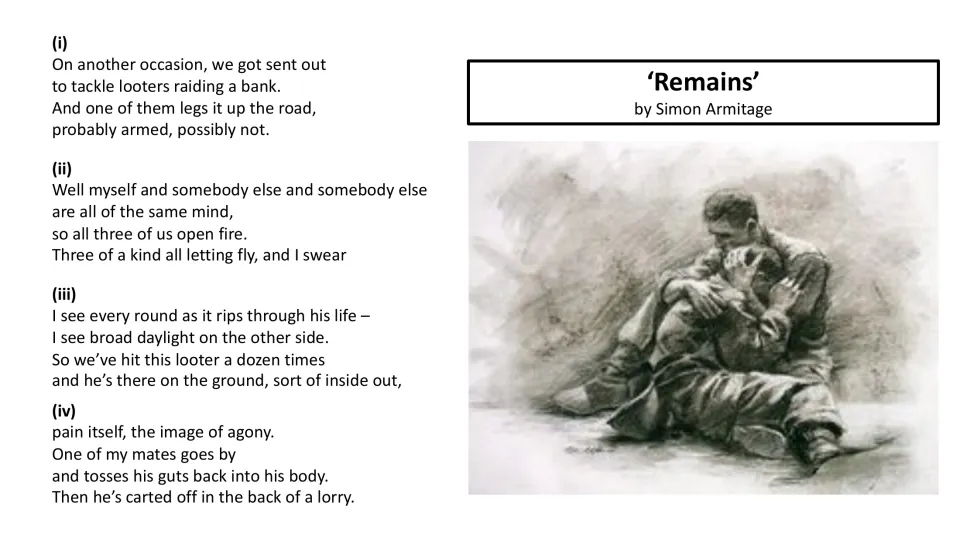 Poem text, stanzas (i) to (iv): soldiers open fire on a looter fleeing a bank; students annotate beside a sketch