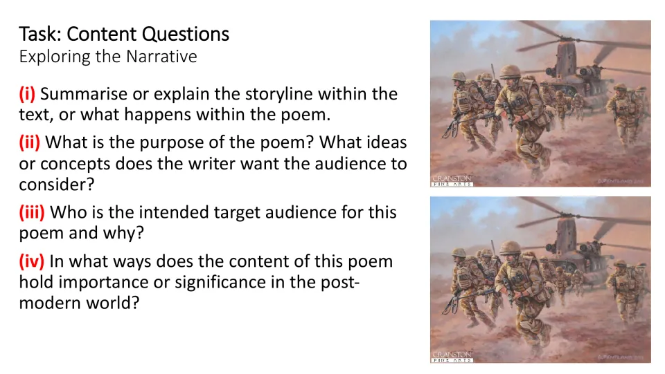 Content questions: students summarise the poem's storyline, purpose, target audience and significance today