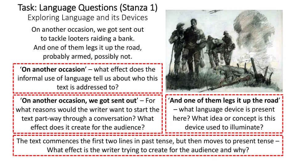 Language questions on stanza 1: students analyse informal phrasing, a language device and the shift in tense
