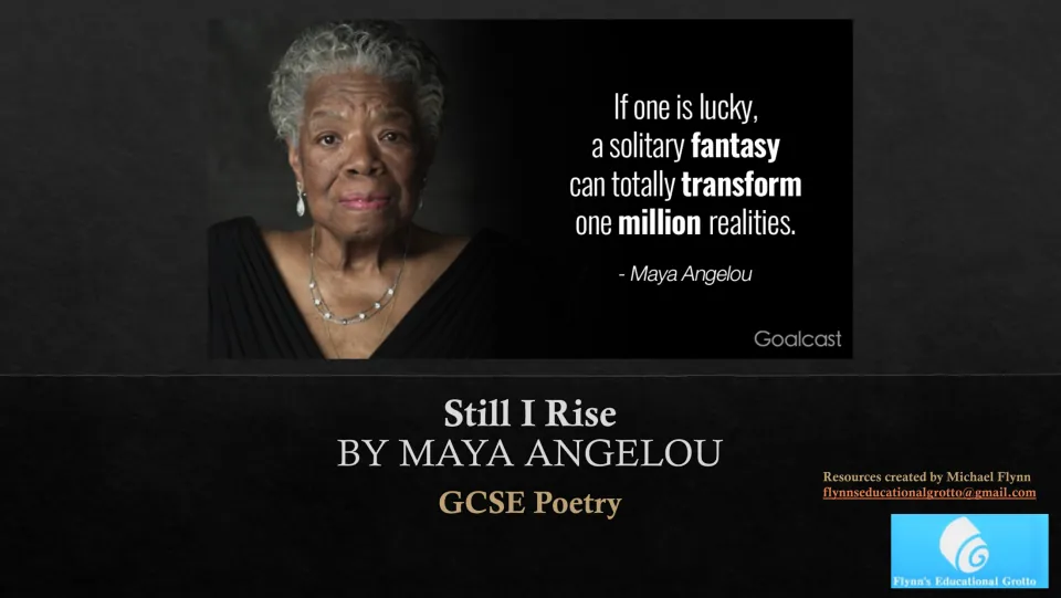 Poetry lesson cover introducing Maya Angelou’s “Still I Rise,” with her portrait and a quote about fantasy