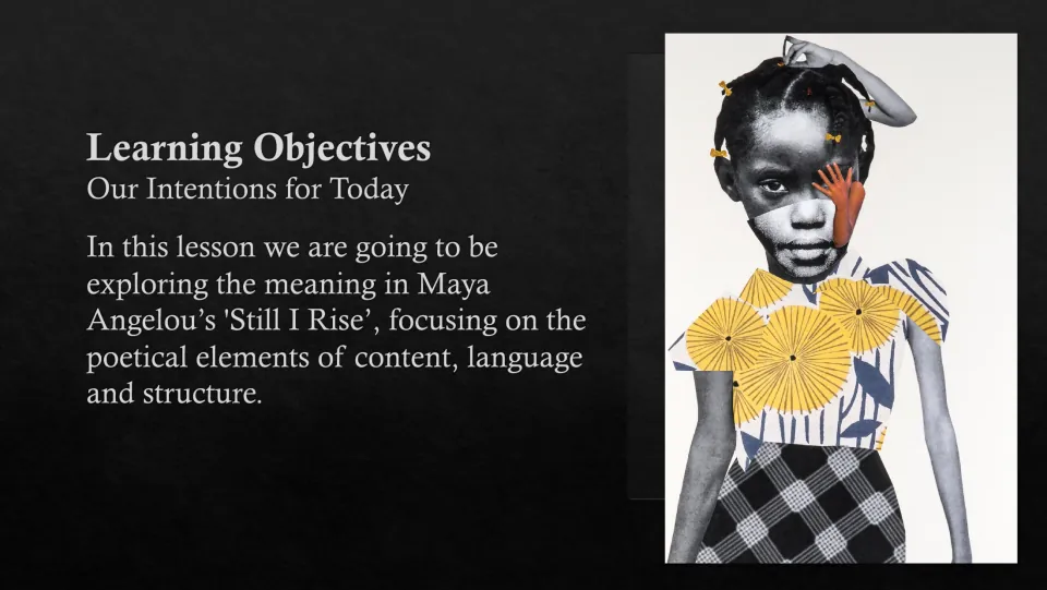 Learning objectives slide introducing exploration of the poem’s meaning, content, language, and structure