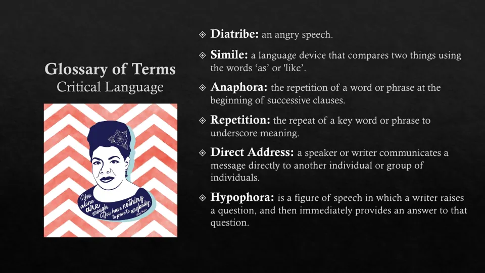 Poetry glossary defining diatribe, simile, anaphora, repetition, direct address, and hypophora for analysis