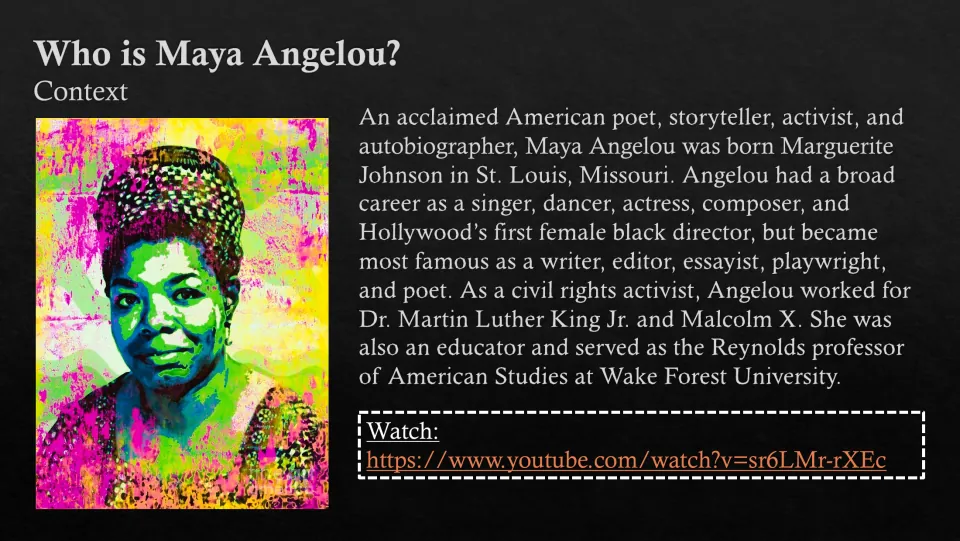 Author context slide outlining Maya Angelou’s writing, performing arts, civil rights work, and teaching