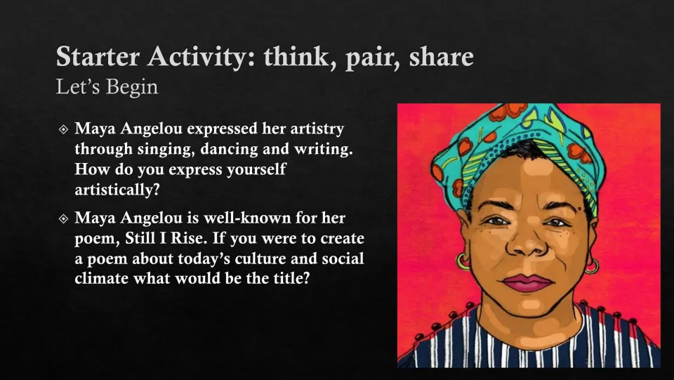 Think-pair-share starter asking how students express themselves artistically and would title a cultural poem