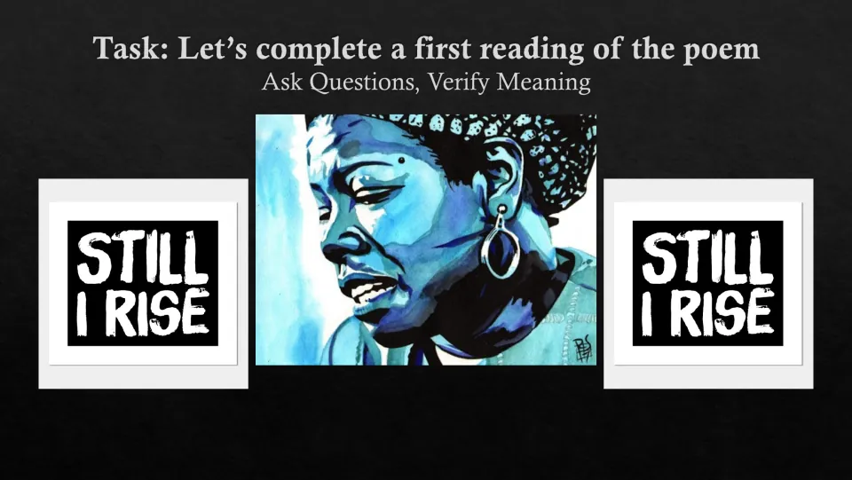 First-reading task slide directing students to read the poem, ask questions, and verify its meaning