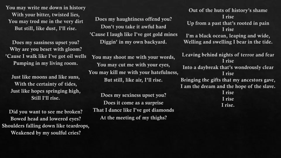 Poem text slide presenting all nine stanzas, from accusations of twisted history to the repeated “I rise”