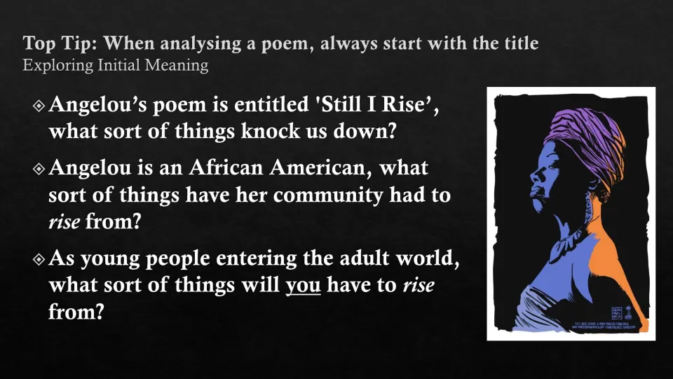 Title analysis slide asking what knocks people down and what Angelou’s community and young people rise from