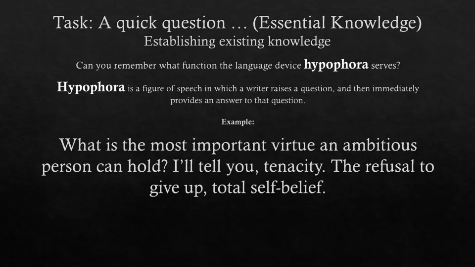 Hypophora review slide defining a question followed by its answer, with an example about tenacity