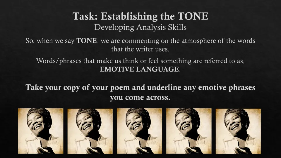 Tone analysis slide explaining emotive language and asking students to underline emotive phrases in the poem