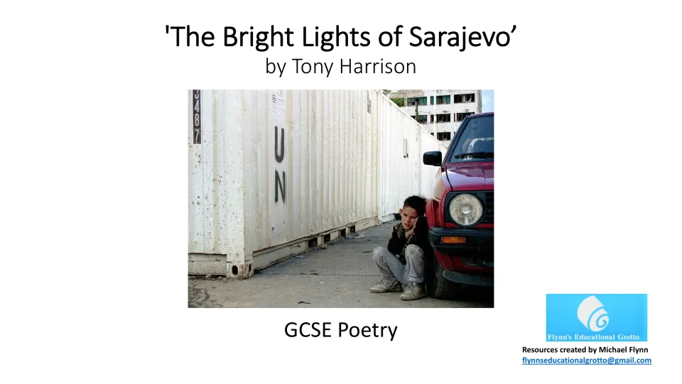 Poetry lesson cover naming Tony Harrison as the poet, labeled GCSE Poetry, with a Sarajevo wartime photo