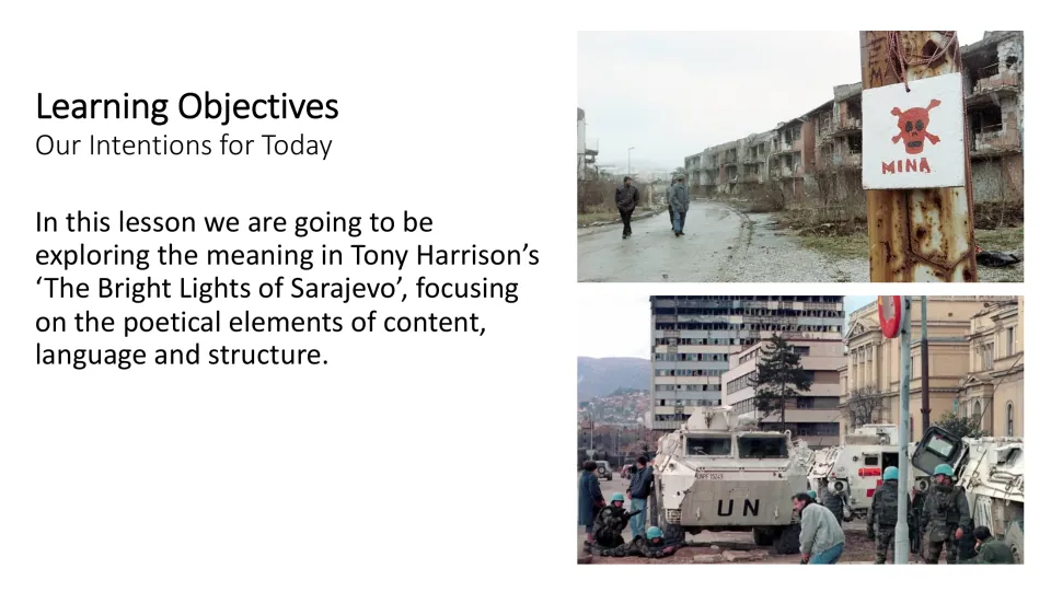 Learning objectives slide introducing exploration of the poem’s meaning through content, language, and structure
