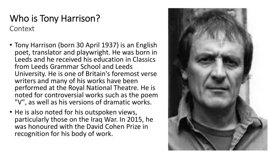 Author context slide outlining Tony Harrison’s Leeds upbringing, education, writing, and David Cohen Prize