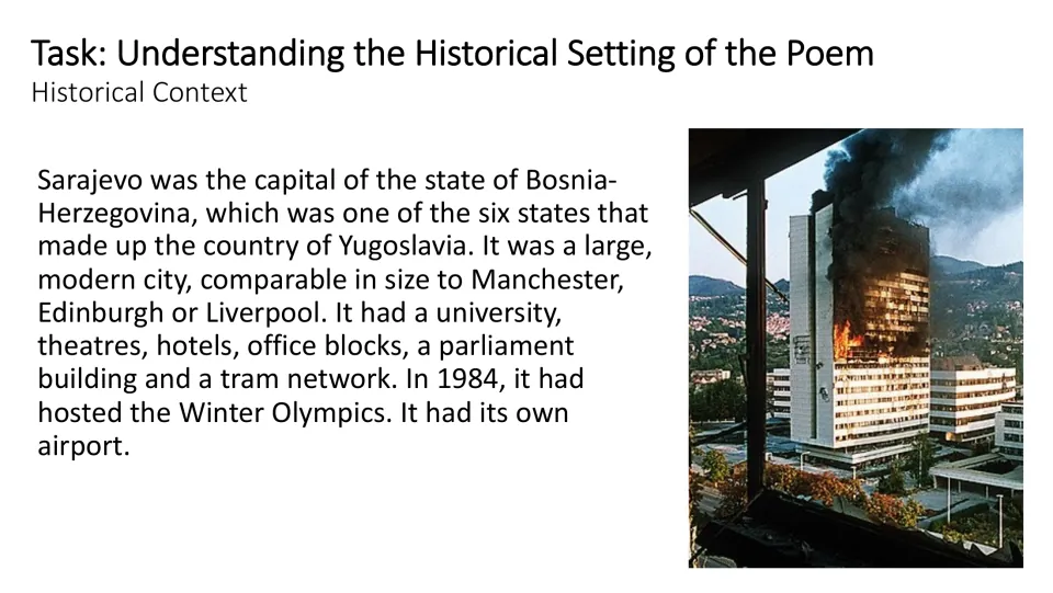 Historical context slide introducing Sarajevo’s place in Yugoslavia, city amenities, and 1984 Winter Olympics