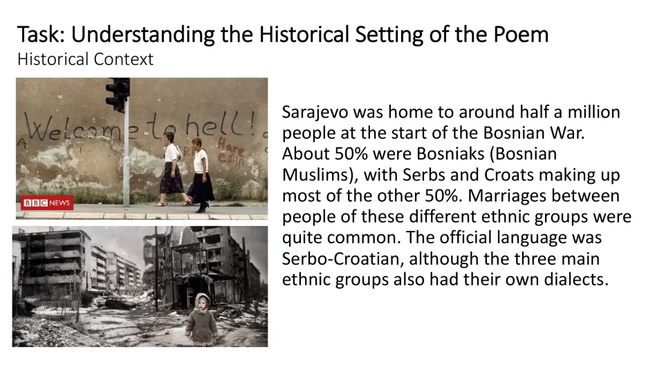 Historical context slide describing Sarajevo’s population, ethnic groups, intermarriage, and shared language
