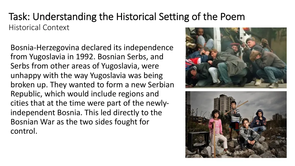 Historical context slide explaining Bosnia-Herzegovina’s 1992 independence and the conflict over territory