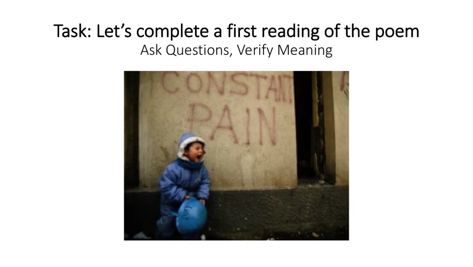 First-reading task slide prompting students to ask questions and verify meaning before reading the poem