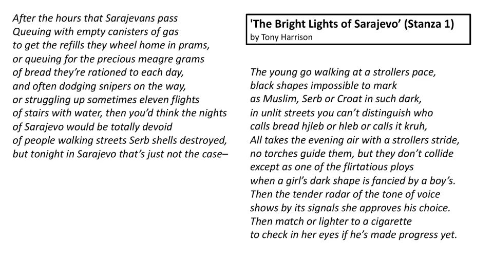 First stanza reading slide contrasting Sarajevo’s daily shortages and sniper danger with young people flirting