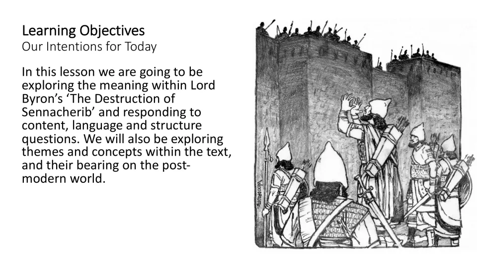 Learning objectives slide outlining meaning, content, language, structure, themes, and modern relevance