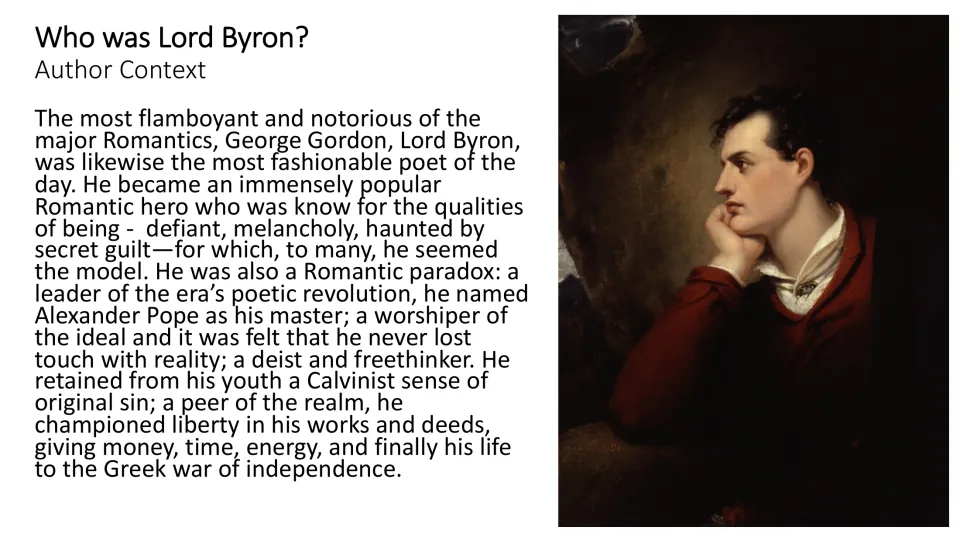 Author context slide introducing Lord Byron's Romantic identity, beliefs, and support for Greek independence