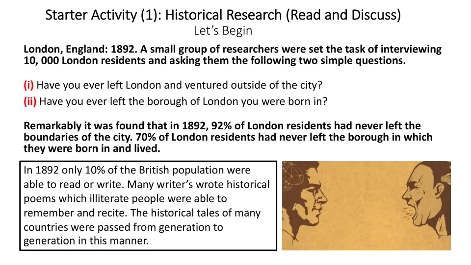 First starter slide presenting claims about London travel and literacy in 1892 for reading and discussion
