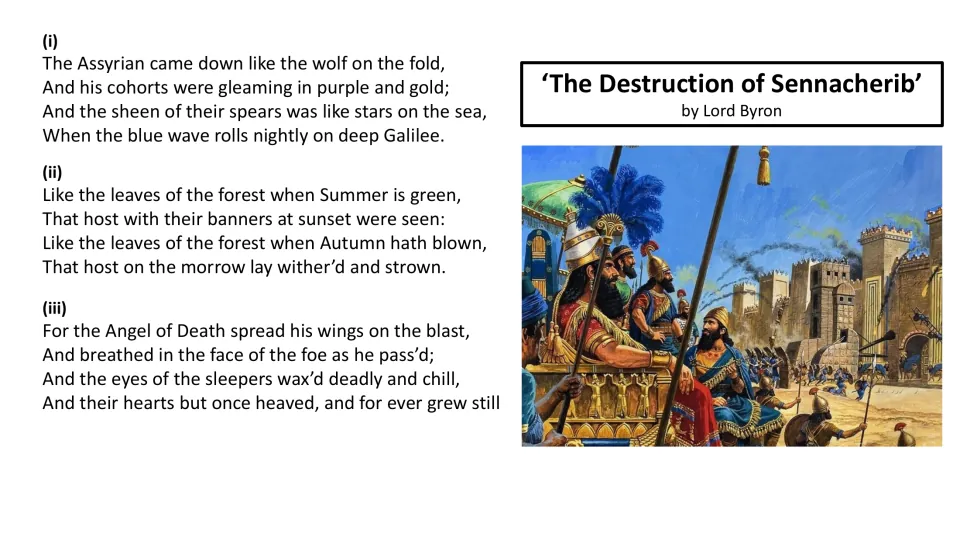 Poem reading slide with stanzas 1–3: the Assyrian advance, seasonal comparisons, and the Angel of Death