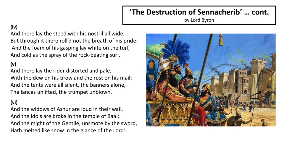 Poem reading slide with stanzas 4–6: the dead horse and rider, silent camp, and mourning widows of Ashur
