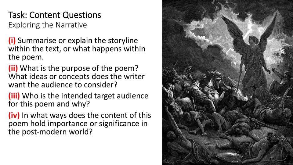 Content questions slide asking about the poem's storyline, purpose, intended audience, and modern relevance
