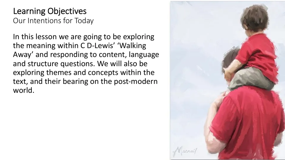 Learning objectives slide outlining meaning, content, language, structure, themes, and modern relevance