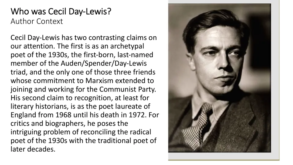 Author context slide on Cecil Day-Lewis, his 1930s poetry, Communist Party membership, and laureateship