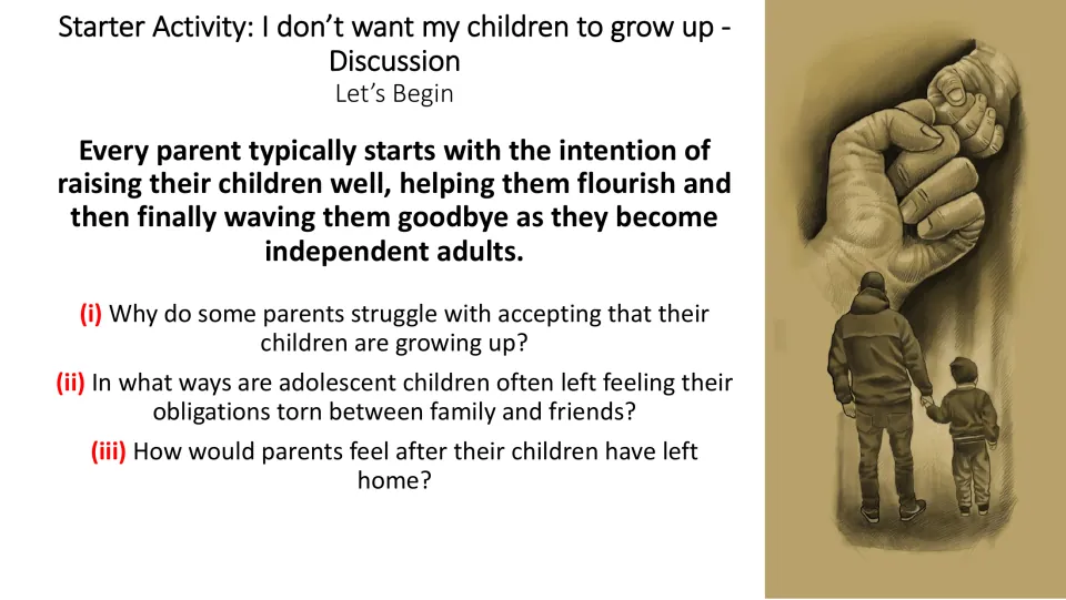 Starter discussion slide asking about children growing up, family and friend obligations, and leaving home