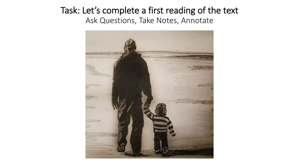 First-reading task slide directing students to ask questions, take notes, and annotate the poem