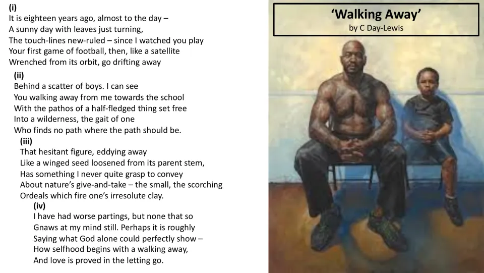 Poem reading slide presenting four stanzas about a father recalling his son’s growing independence