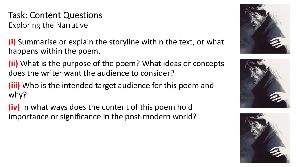 Content questions slide asking about the poem’s storyline, purpose, intended audience, and modern relevance