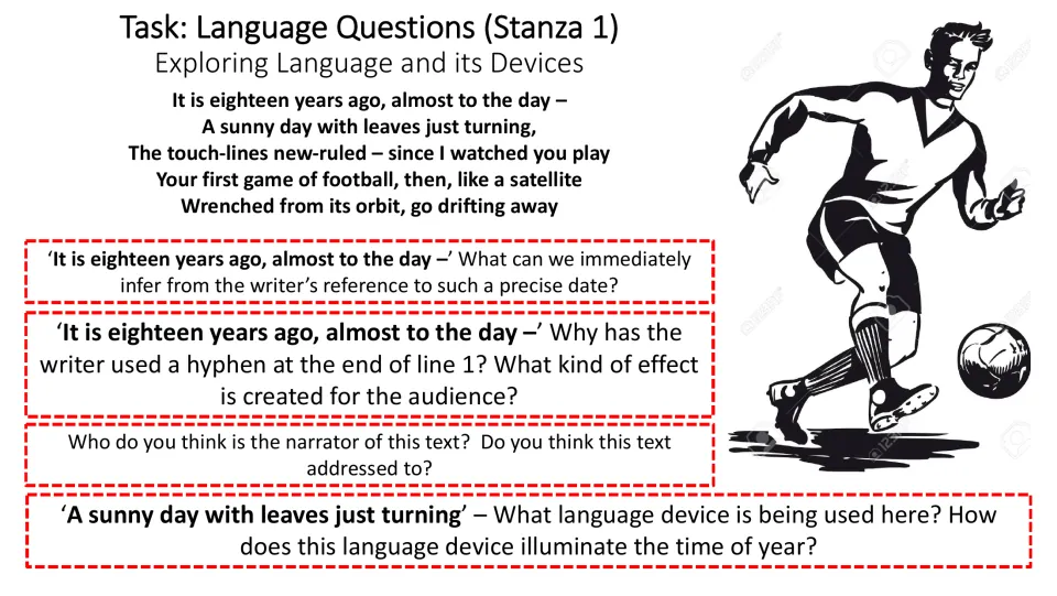 First stanza 1 analysis slide asking about the precise date, opening punctuation, narrator, and autumn imagery
