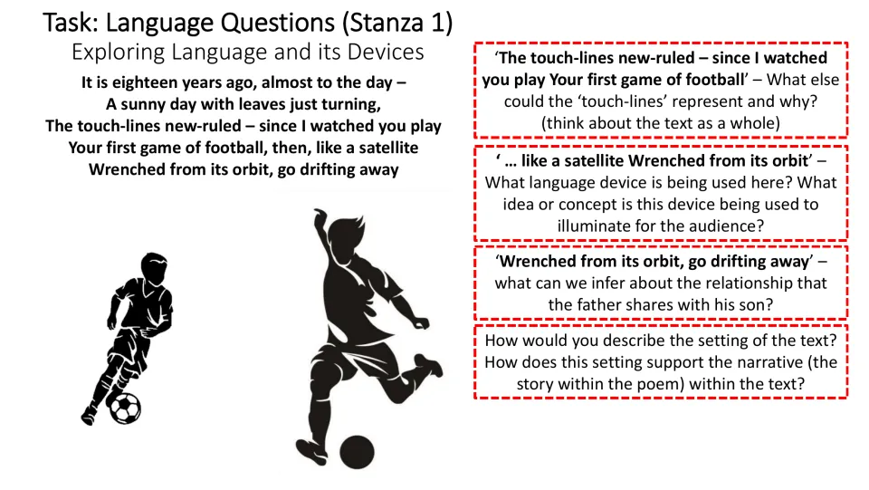 Second stanza 1 analysis slide exploring touch-lines, the satellite comparison, father-son bonds, and setting