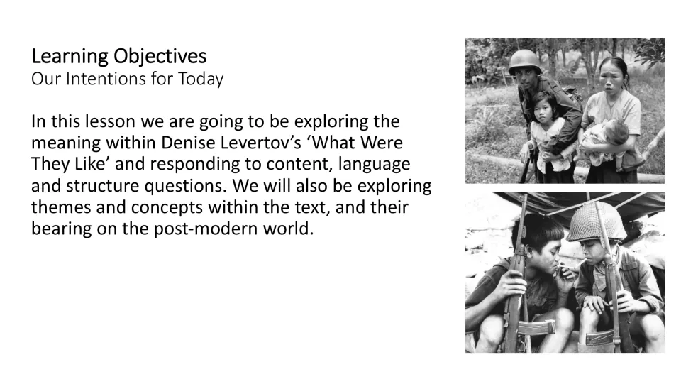 Learning objectives slide outlining exploration of the poem’s meaning, language, structure, and themes