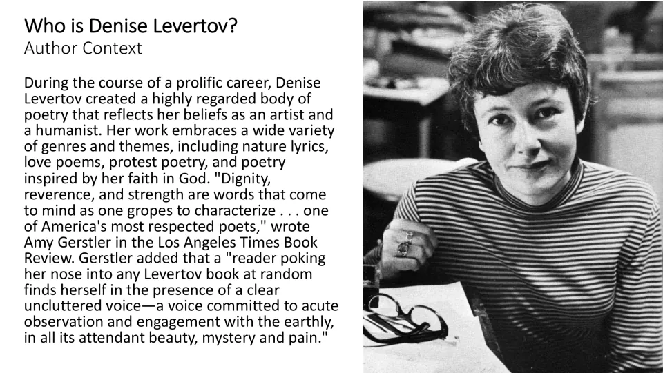 Author context slide introducing Denise Levertov’s poetry, humanist beliefs, religious faith, and themes